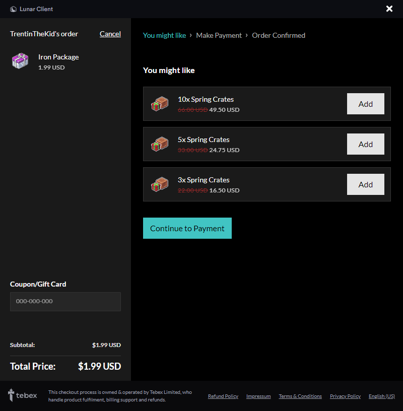 Tebex Window Example